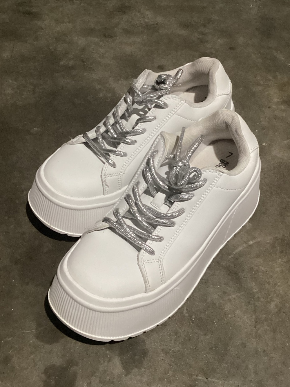 No Boundaries Woman’s Platform White Sneakers with Silver Accents